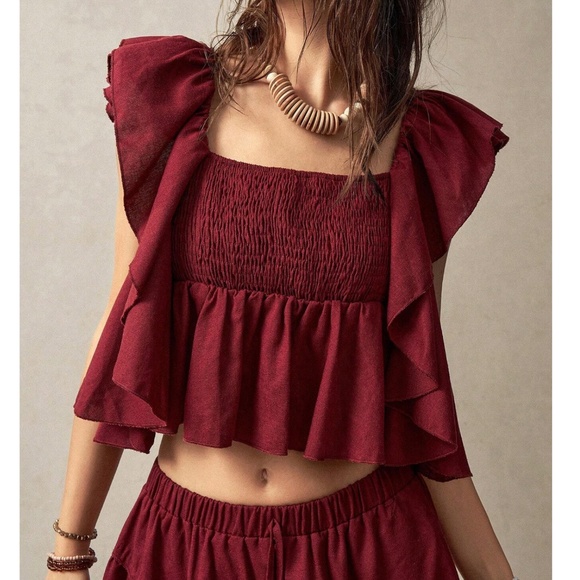 Boho Burgundy Shirred Crop Ruffle Top Mini Skirt Set - Picture 5 of 6